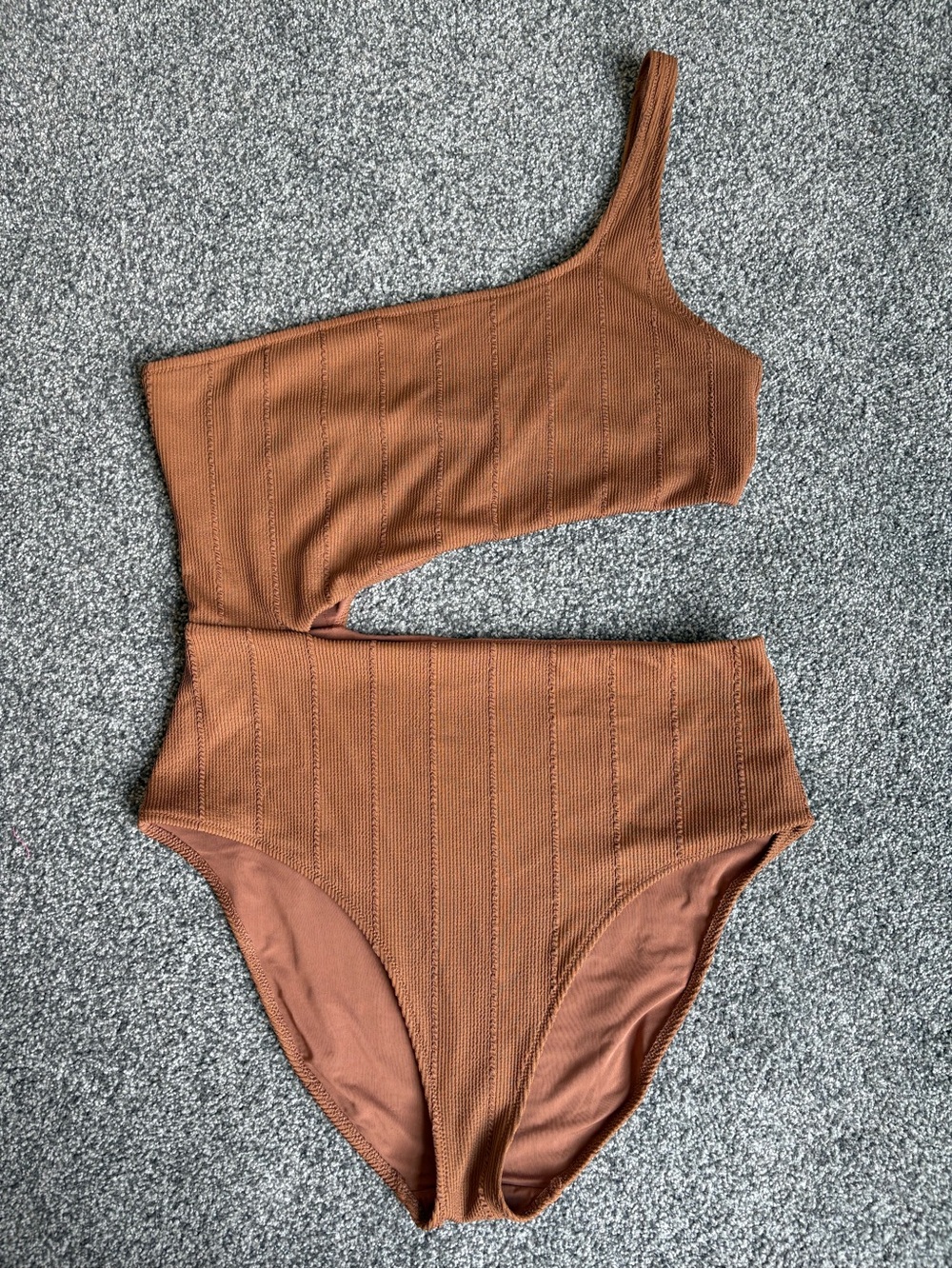 Aerie One Shoulder One Piece Ribbed Swimsuit Brown Tan Cutout Style Size XL